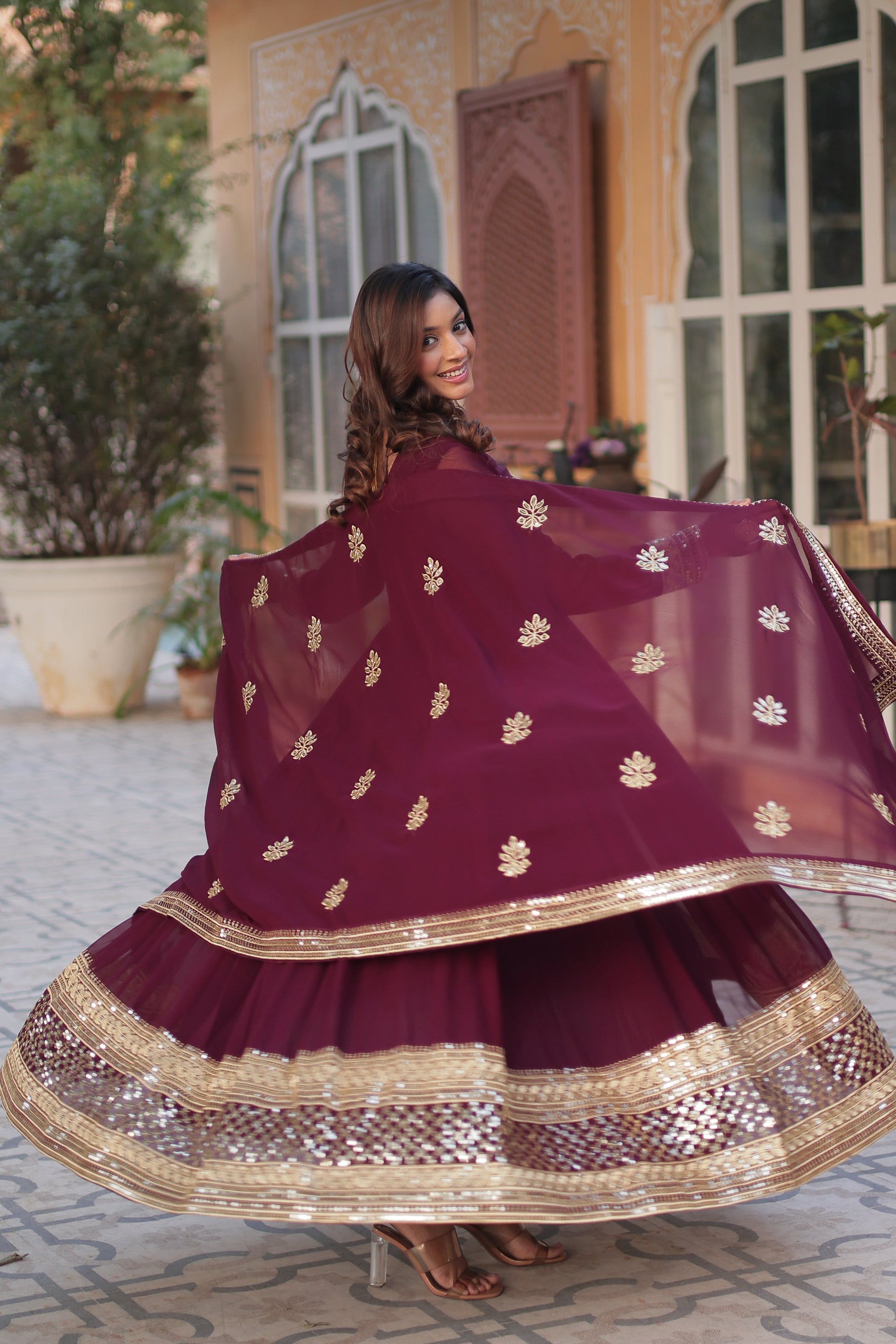 Ashvi Wine Georgette Embroidery Anarkali Gown Set