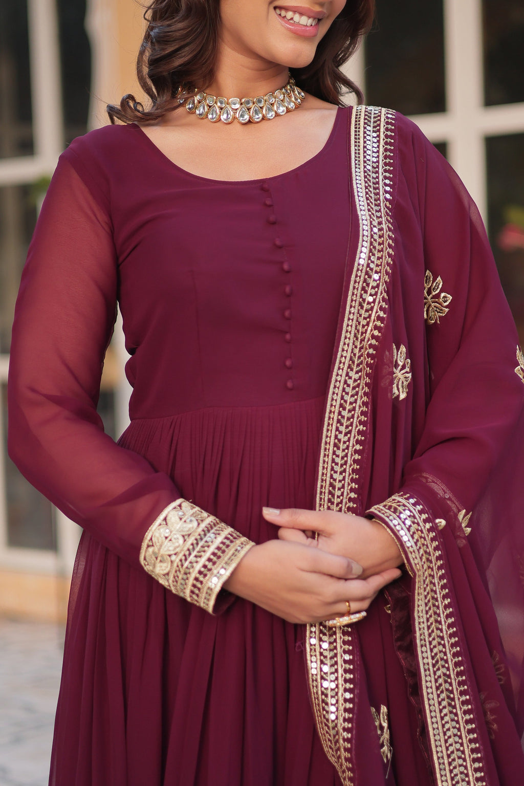 Ashvi Wine Georgette Embroidery Anarkali Gown Set