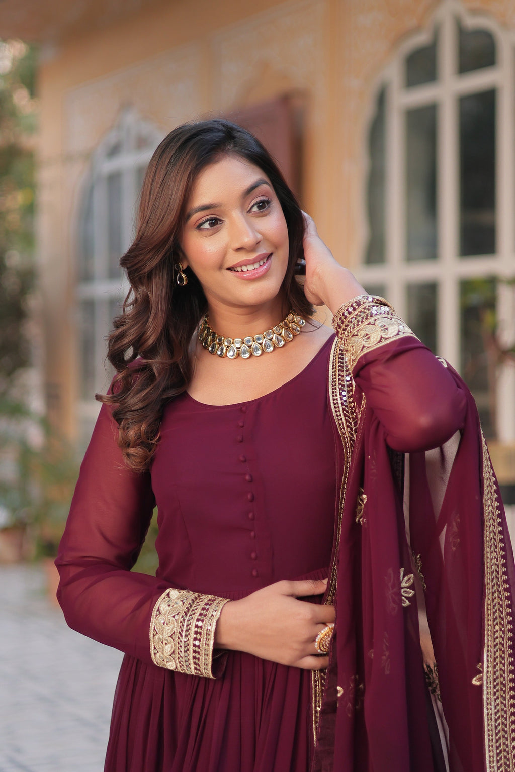 Ashvi Wine Georgette Embroidery Anarkali Gown Set