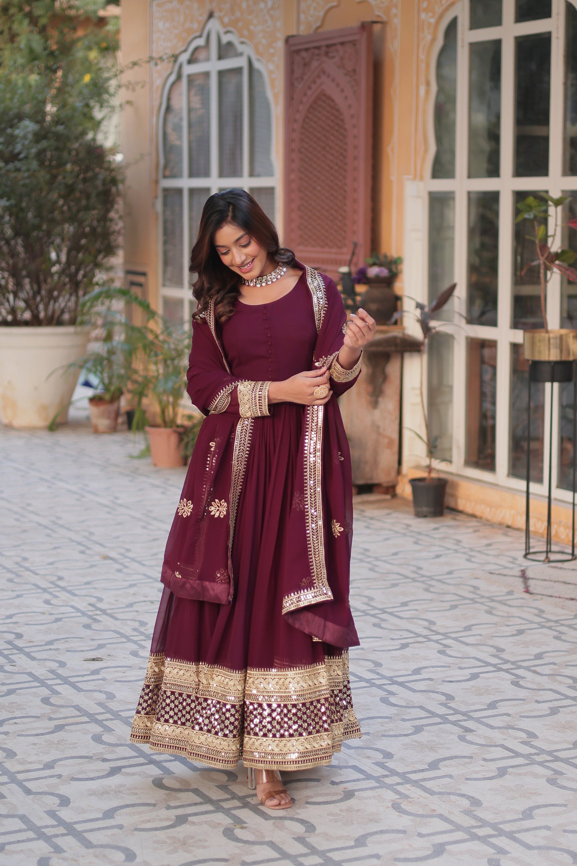 Ashvi Wine Georgette Embroidery Anarkali Gown Set