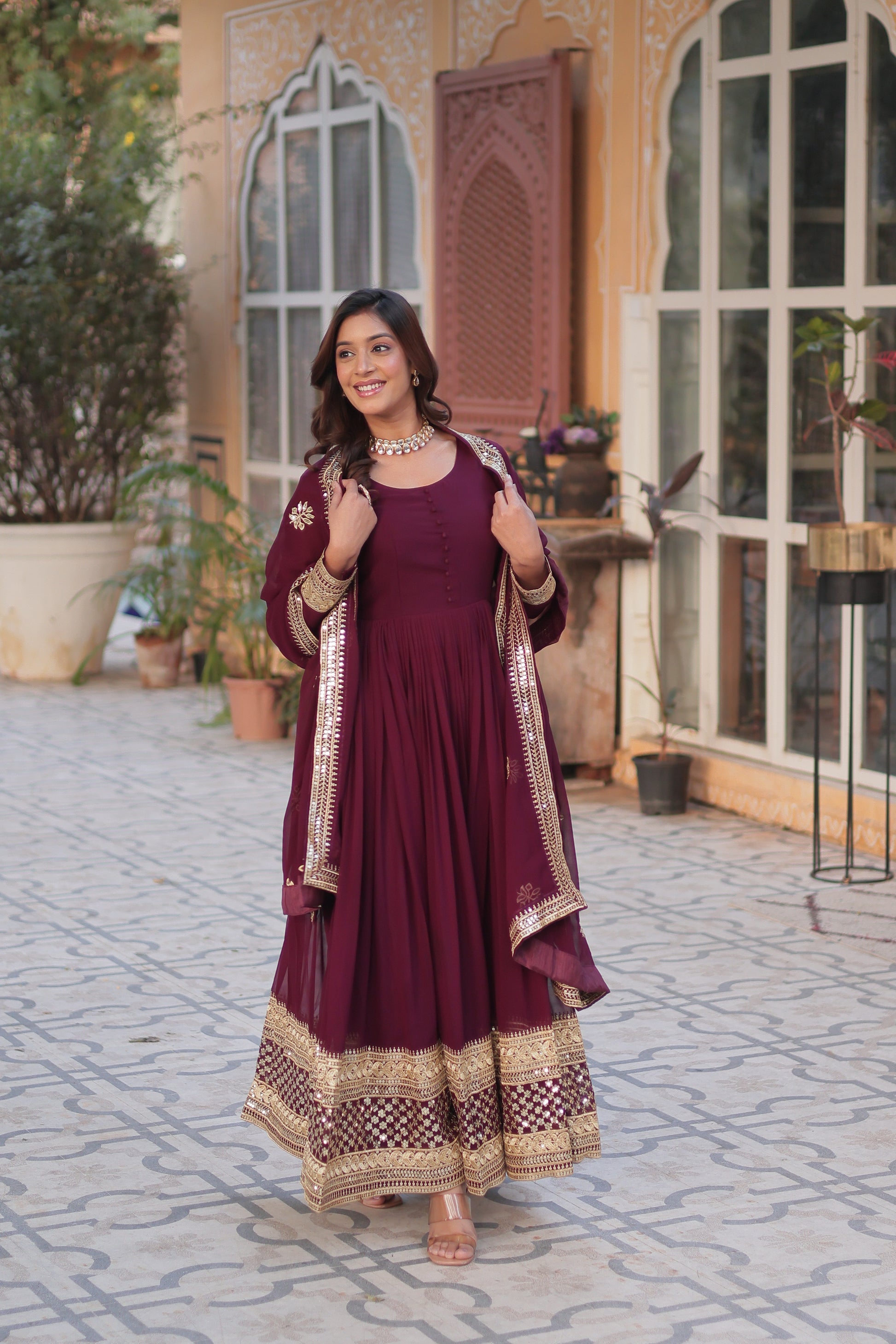 Ashvi Wine Georgette Embroidery Anarkali Gown Set