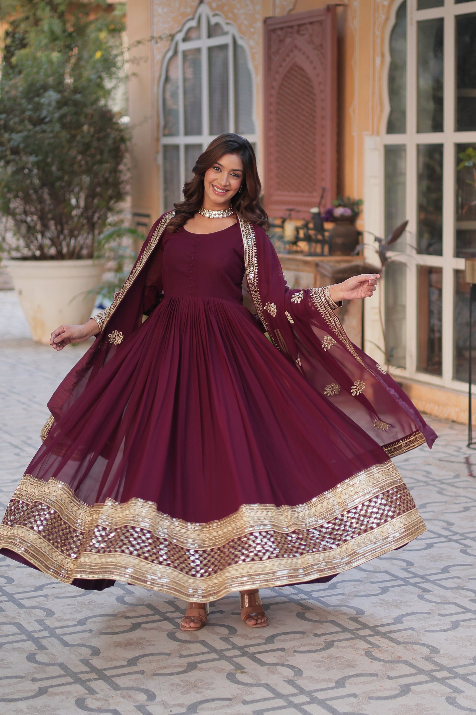 Ashvi Wine Georgette Embroidery Anarkali Gown Set