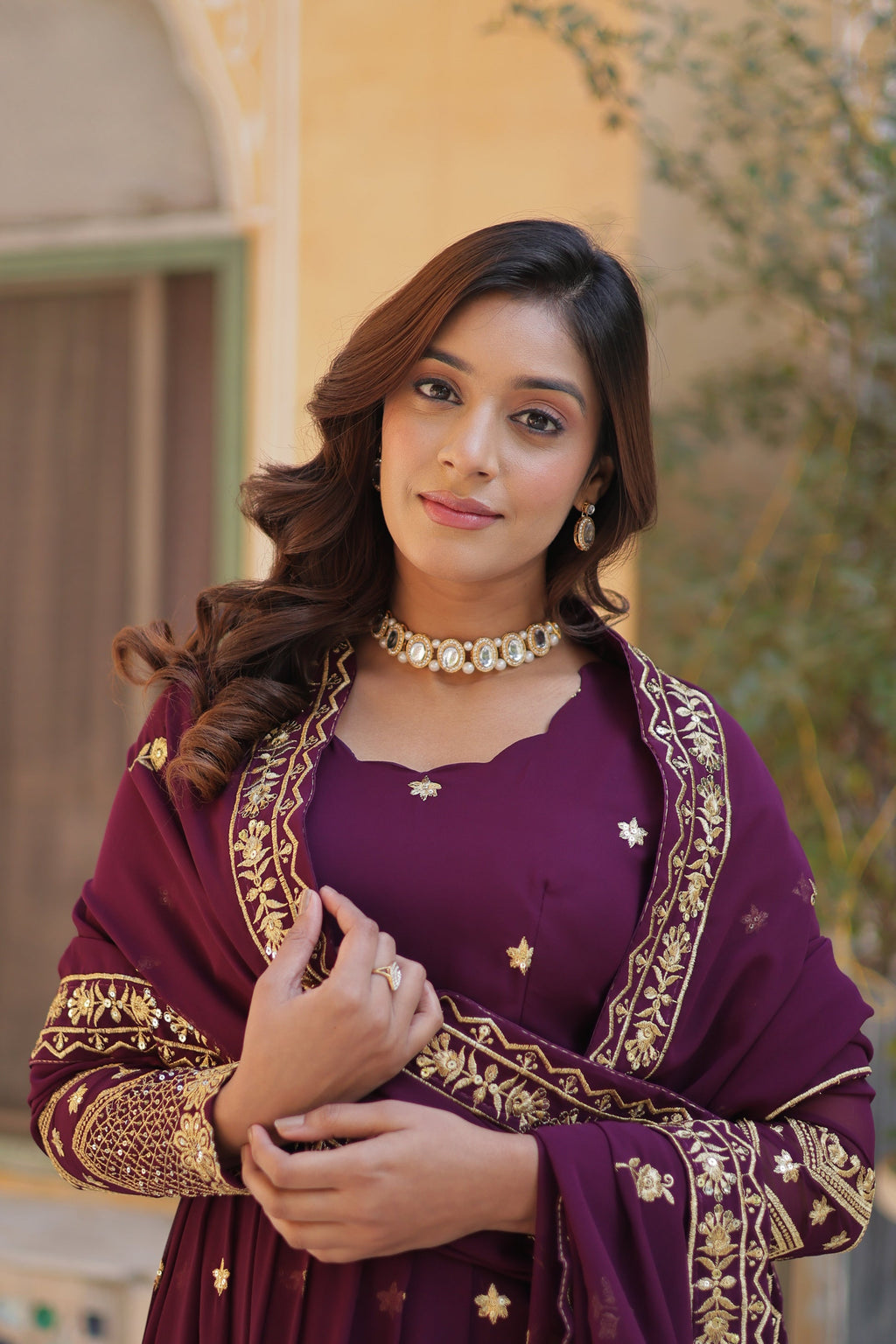 Avyuktha Wine Georgette Embroidery Anarkali Gown Set