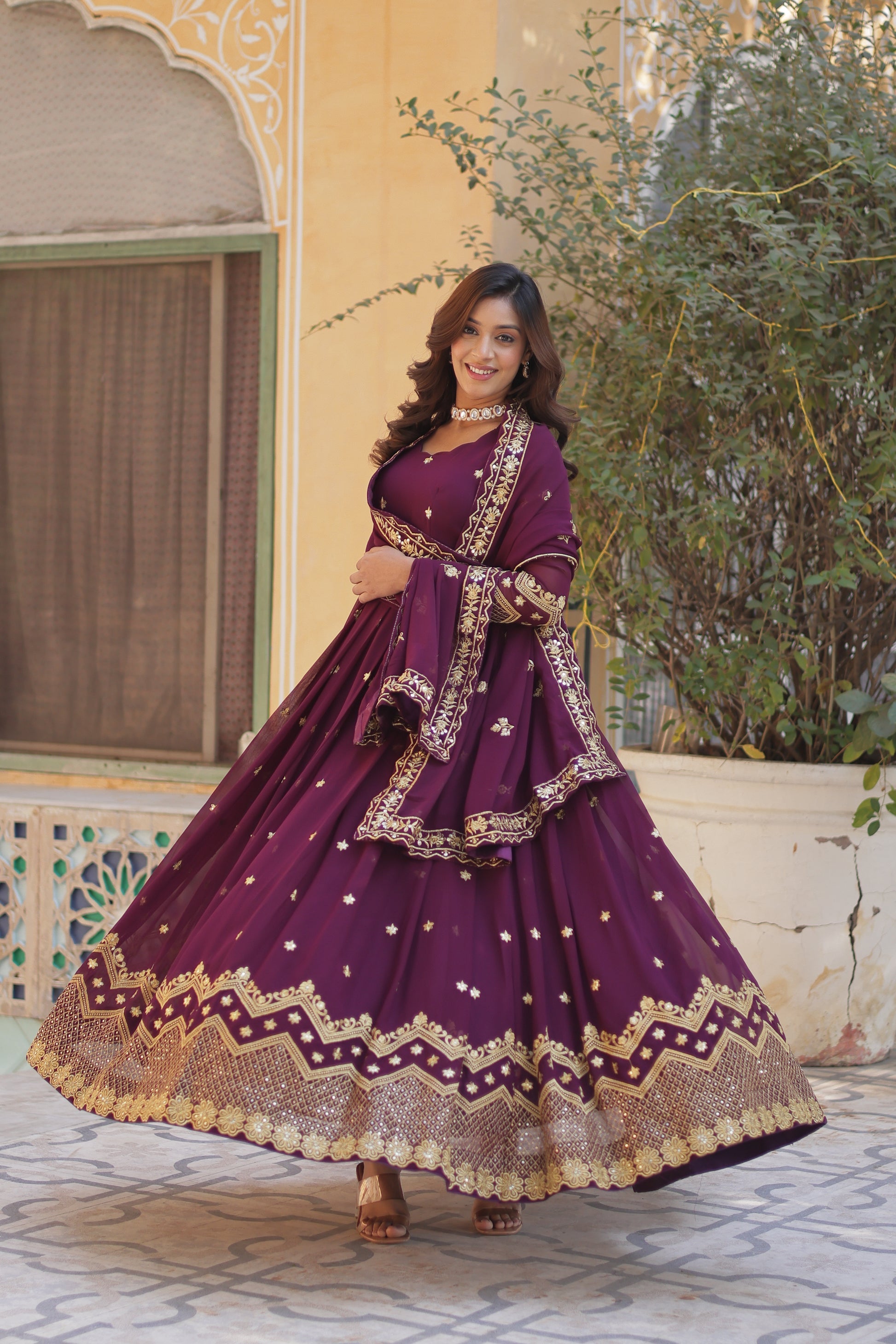 Avyuktha Wine Georgette Embroidery Anarkali Gown Set