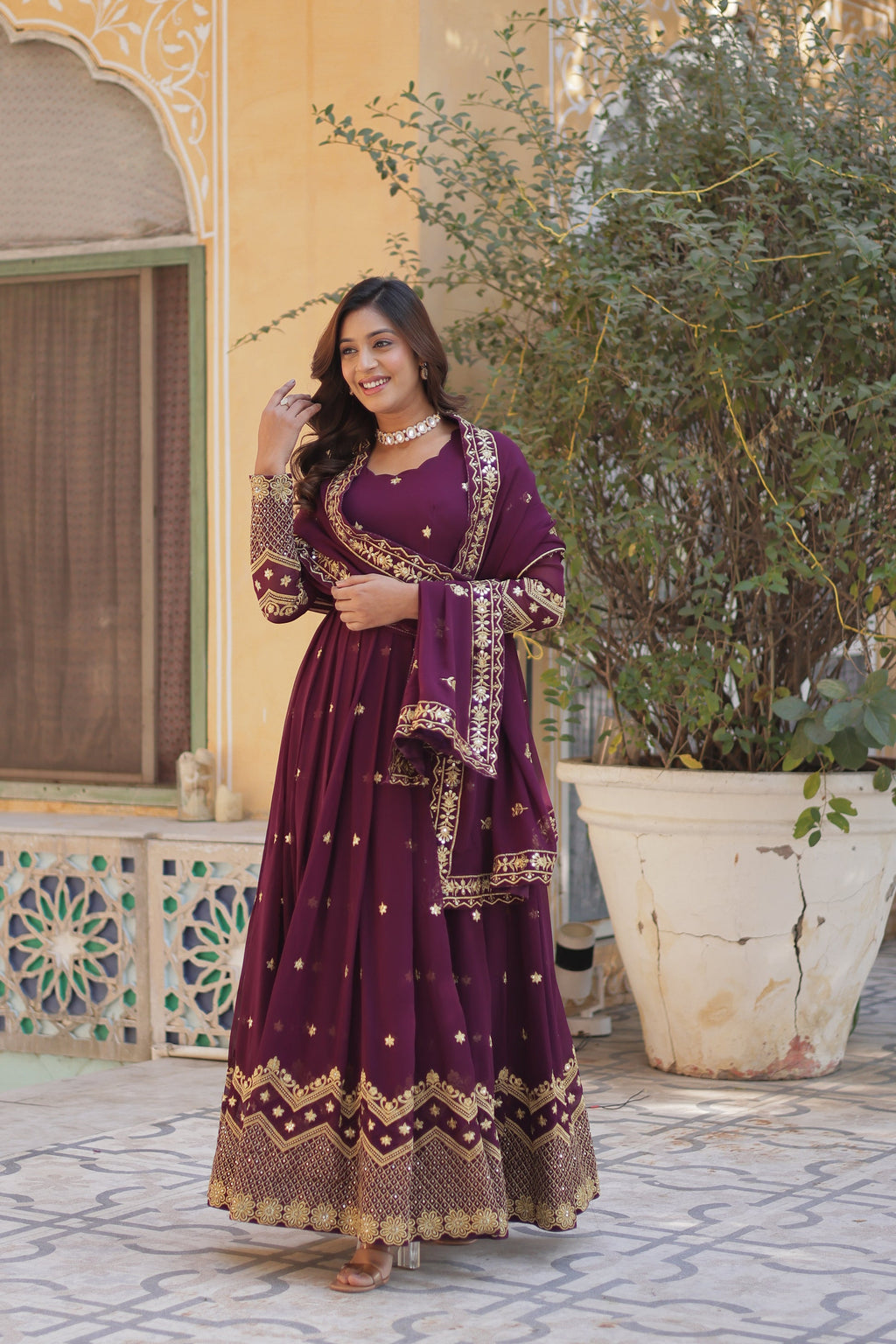 Avyuktha Wine Georgette Embroidery Anarkali Gown Set