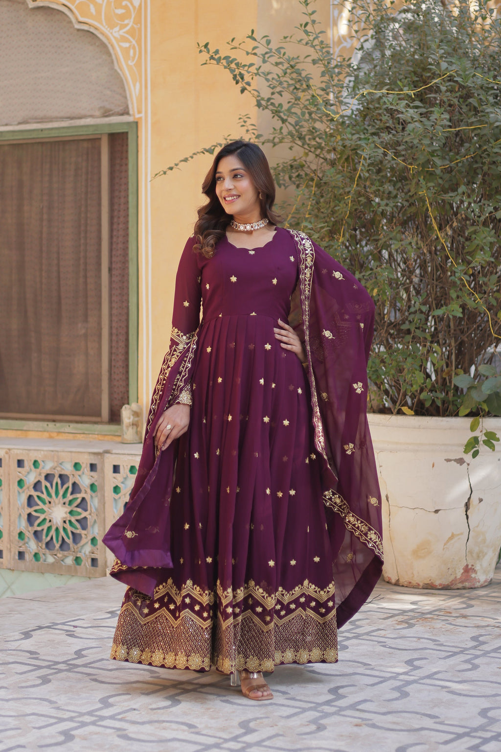 Avyuktha Wine Georgette Embroidery Anarkali Gown Set