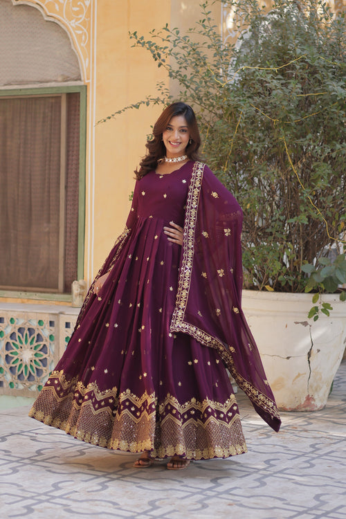 Wine georgette embroidered Avyuktha designer Anarkali gown