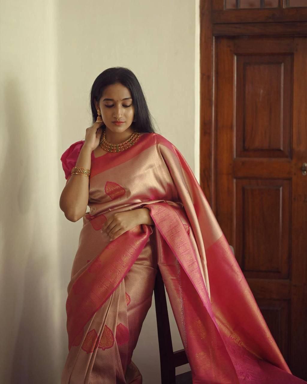Banarasi Peach Copper Zari weaved Saree