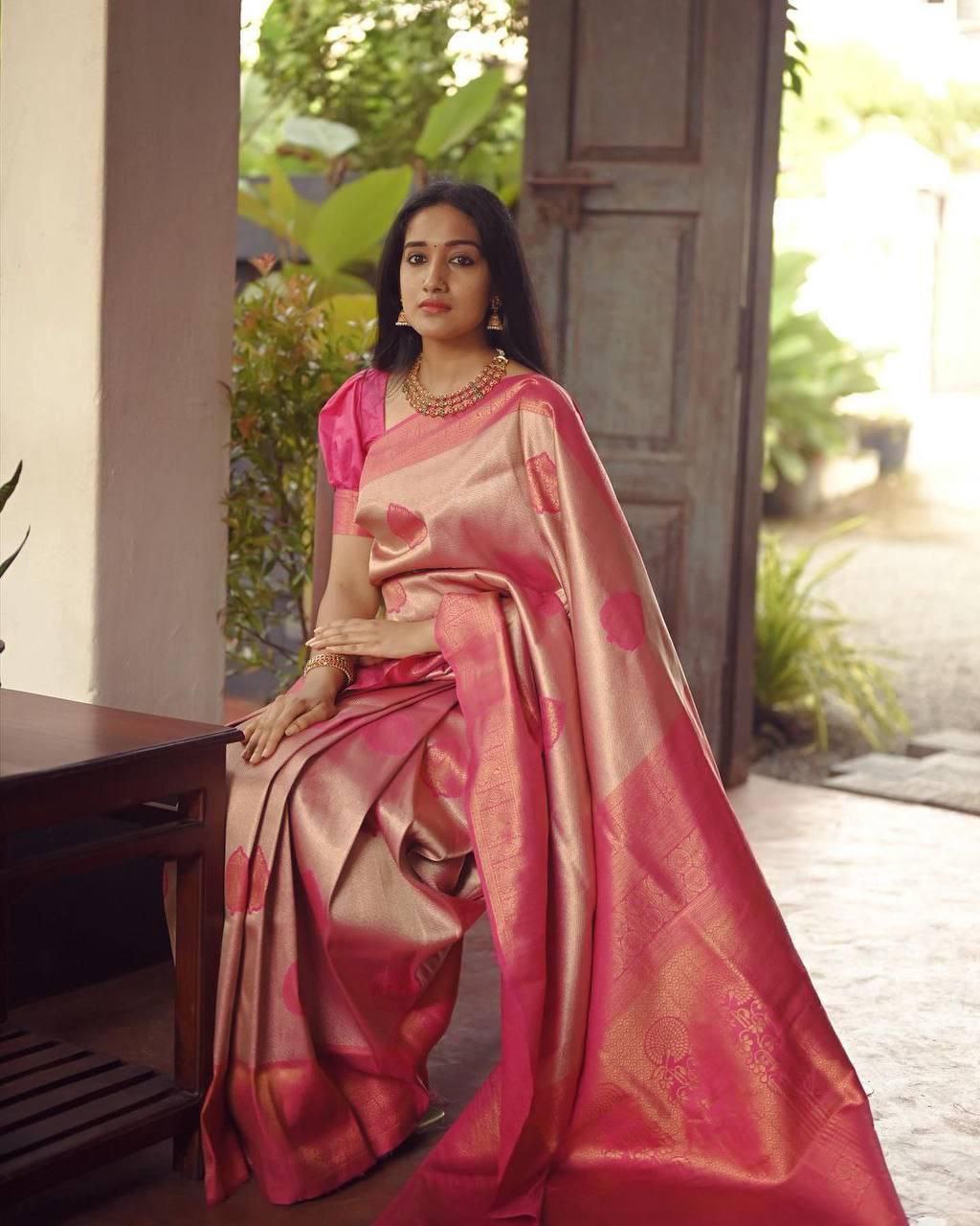 Banarasi Peach Copper Zari weaved Saree