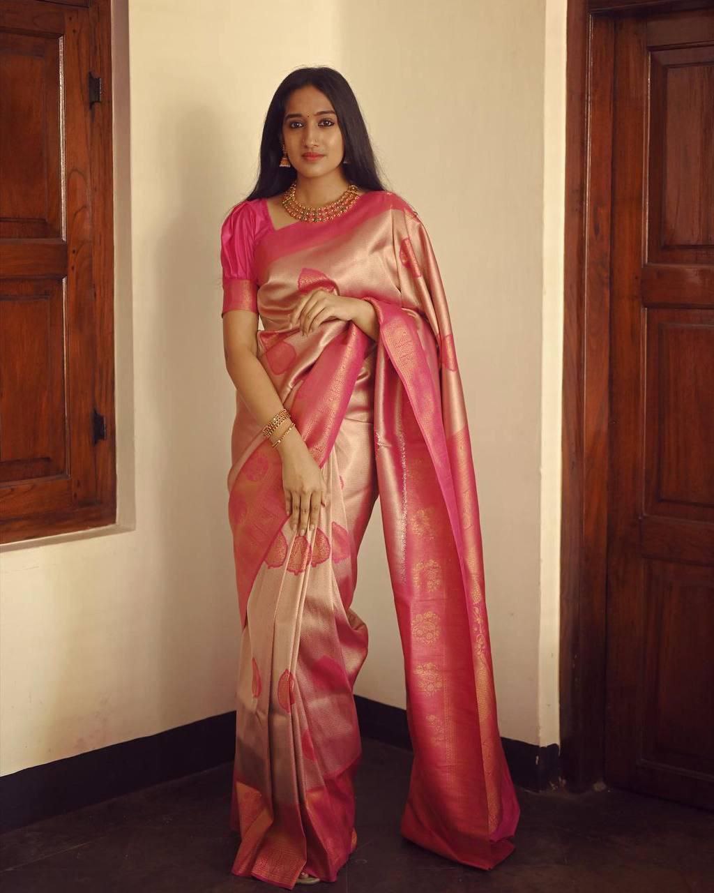 Banarasi Peach Copper Zari weaved Saree