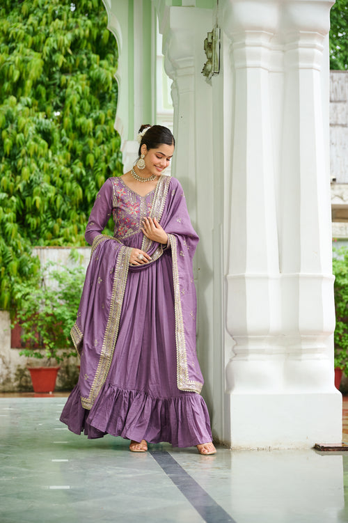 Bani lavender Vichitra silk embroidered zari thread work gown with dupatta