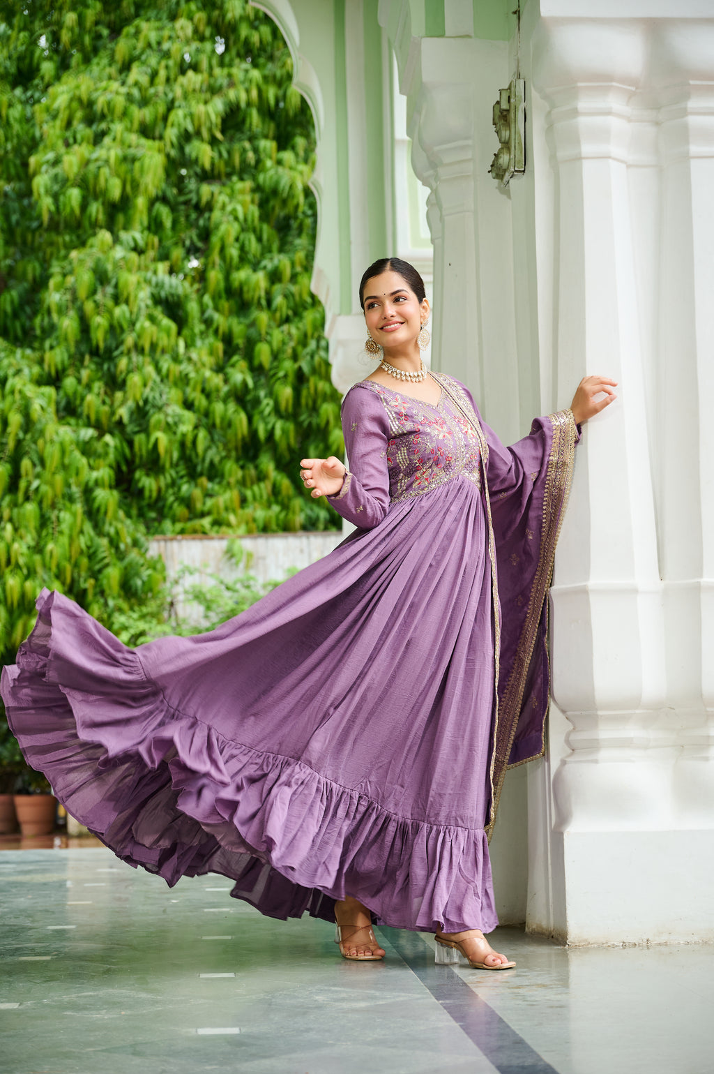 Bani Lavender Color Vichitra Silk Embroidered Zari Thread Work Gown with Dupatta