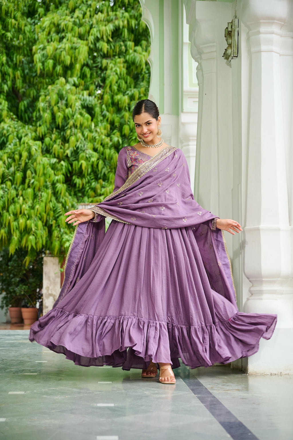 Bani Lavender Color Vichitra Silk Embroidered Zari Thread Work Gown with Dupatta