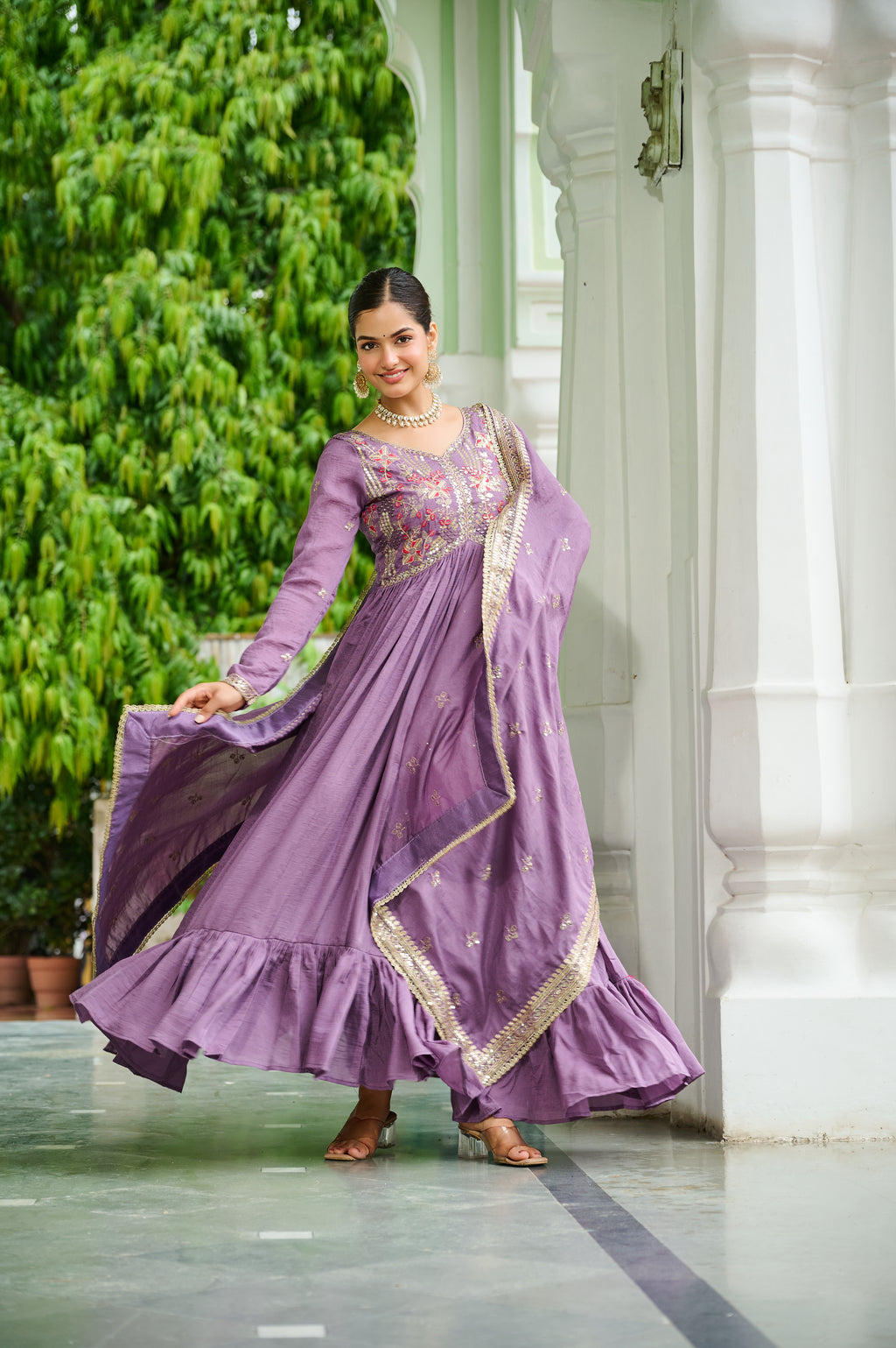 Bani Lavender Color Vichitra Silk Embroidered Zari Thread Work Gown with Dupatta