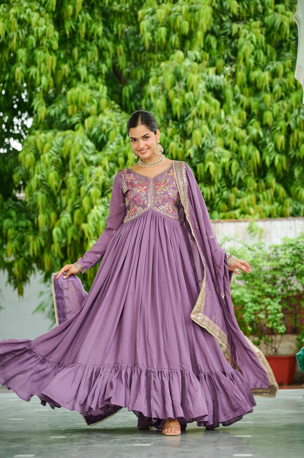 Bani Lavender Color Vichitra Silk Embroidered Zari Thread Work Gown with Dupatta