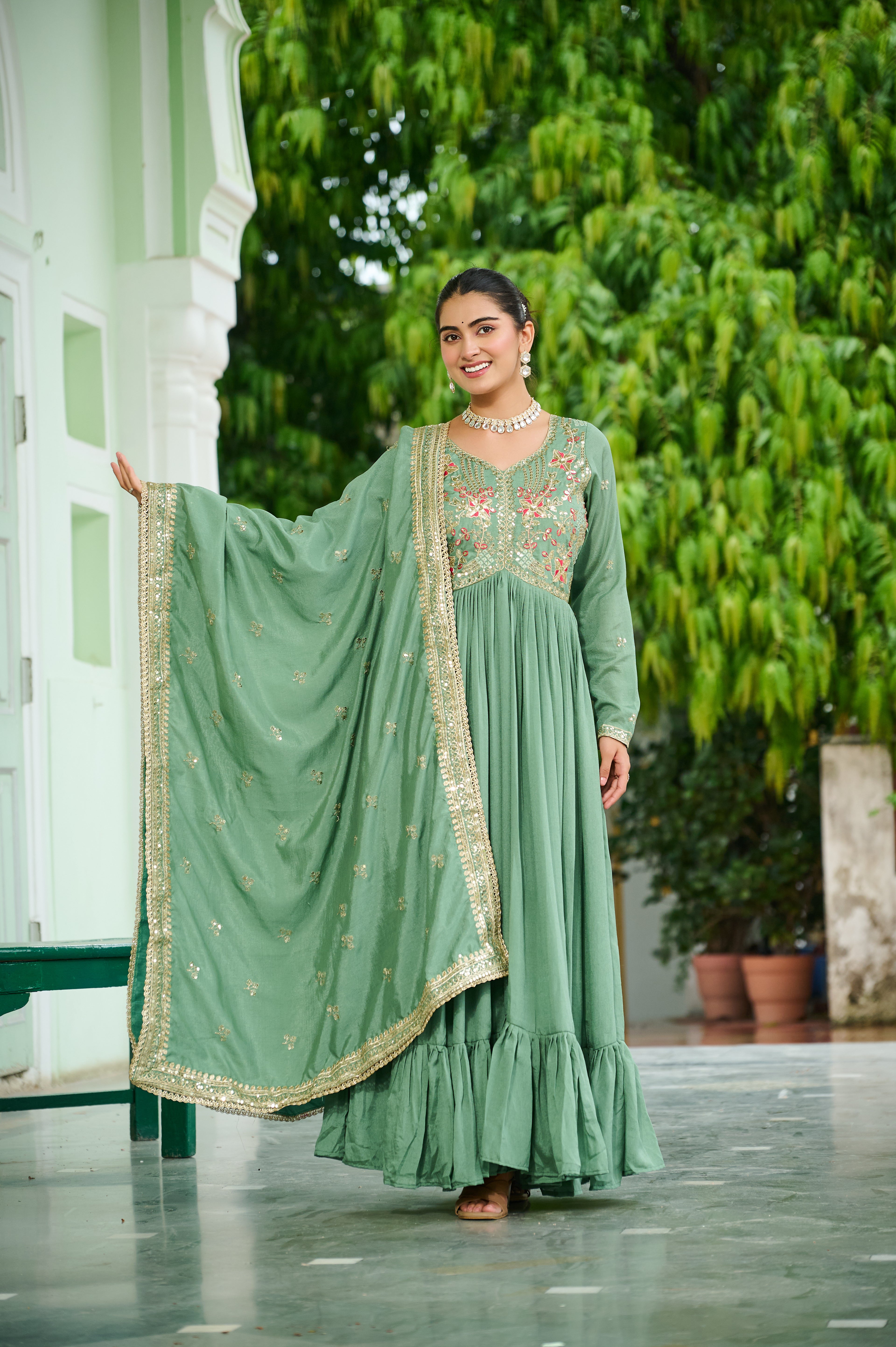 Bani Pista Green Vichitra Silk Embroidered Zari Thread Work Gown with Dupatta