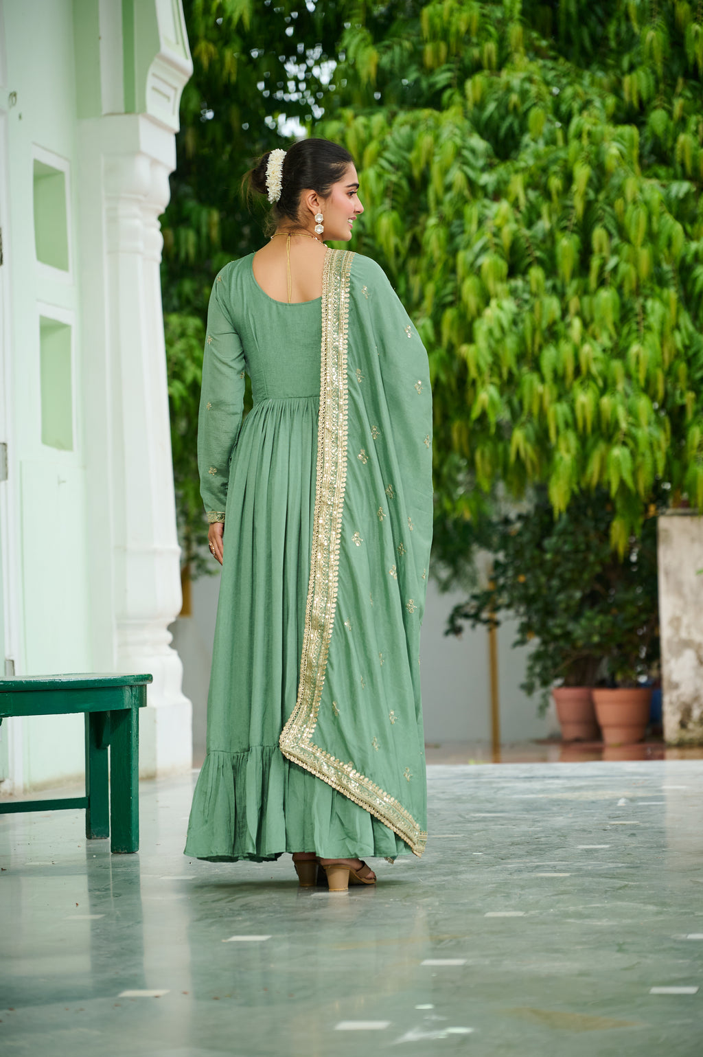 Bani pista green Vichitra silk embroidered zari thread work gown with dupatta