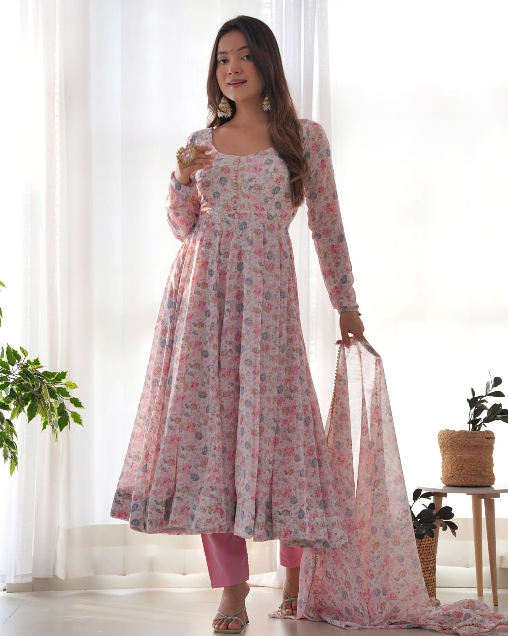 Baby Pink Chiffon Floral Print Anarkali Set with Dupatta