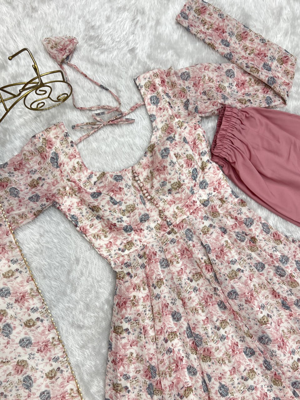 Baby Pink Chiffon Floral Print Anarkali Set with Dupatta