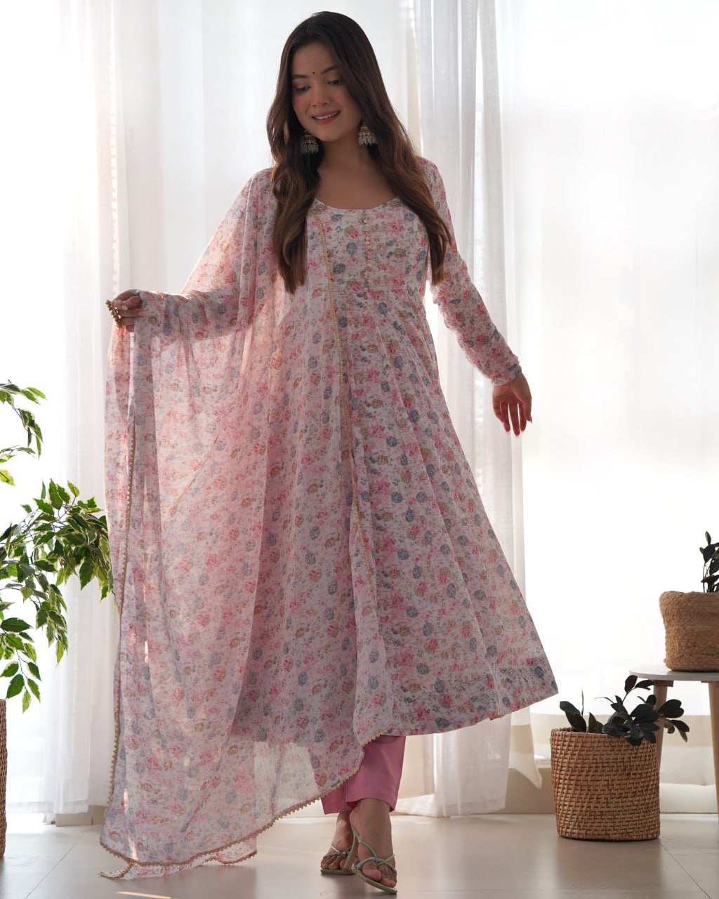 Baby Pink Chiffon Floral Print Anarkali Set with Dupatta