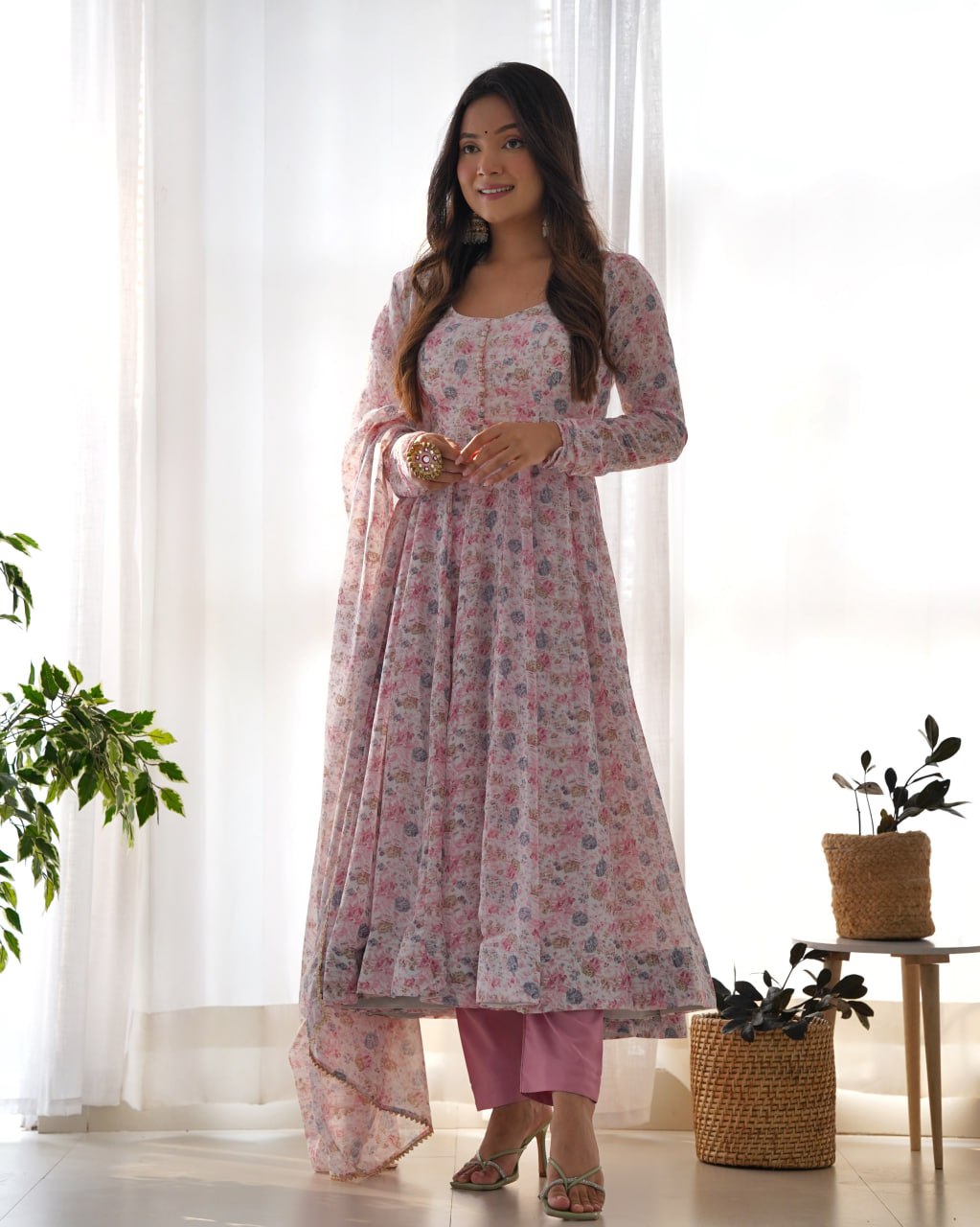 Baby Pink Chiffon Floral Print Anarkali Set with Dupatta