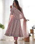 Baby Pink Chiffon Floral Print Anarkali Set with Dupatta