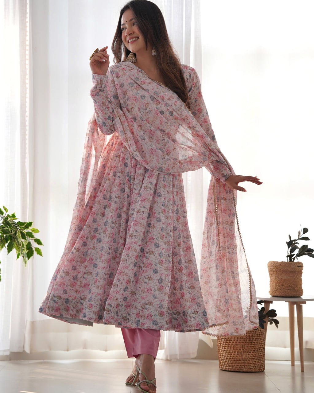 Baby Pink Chiffon Floral Print Anarkali Set with Dupatta
