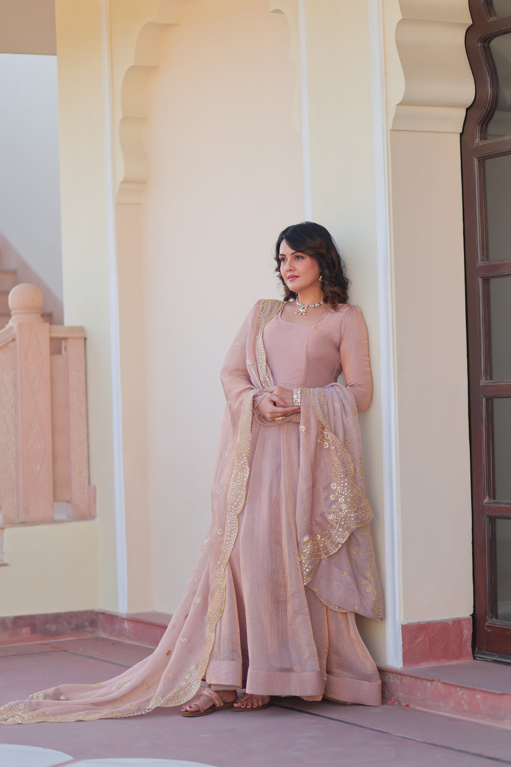 Bhargavi Peach Fendy Chiffon Embroidered Gown