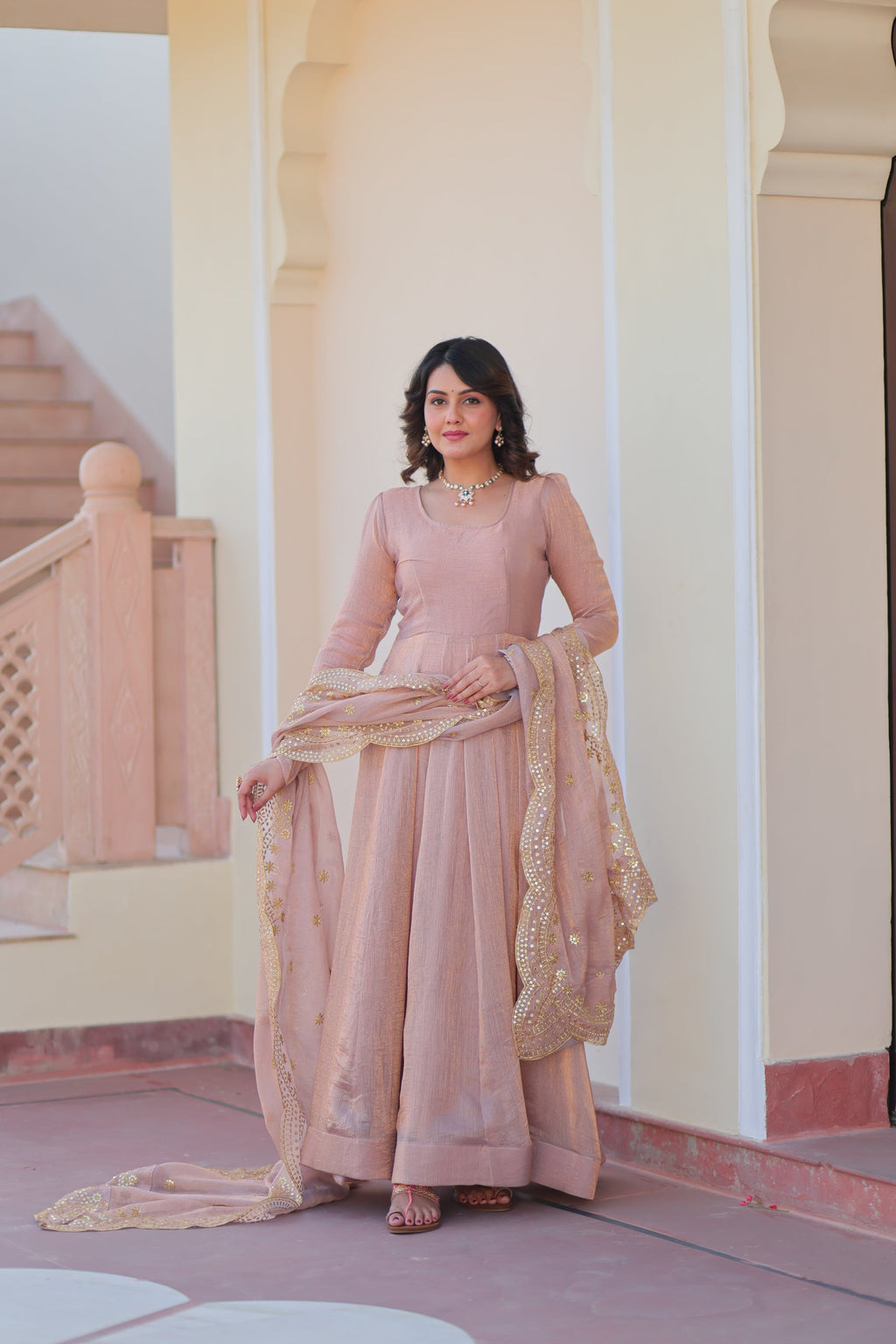 Bhargavi Peach Fendy Chiffon Embroidered Gown