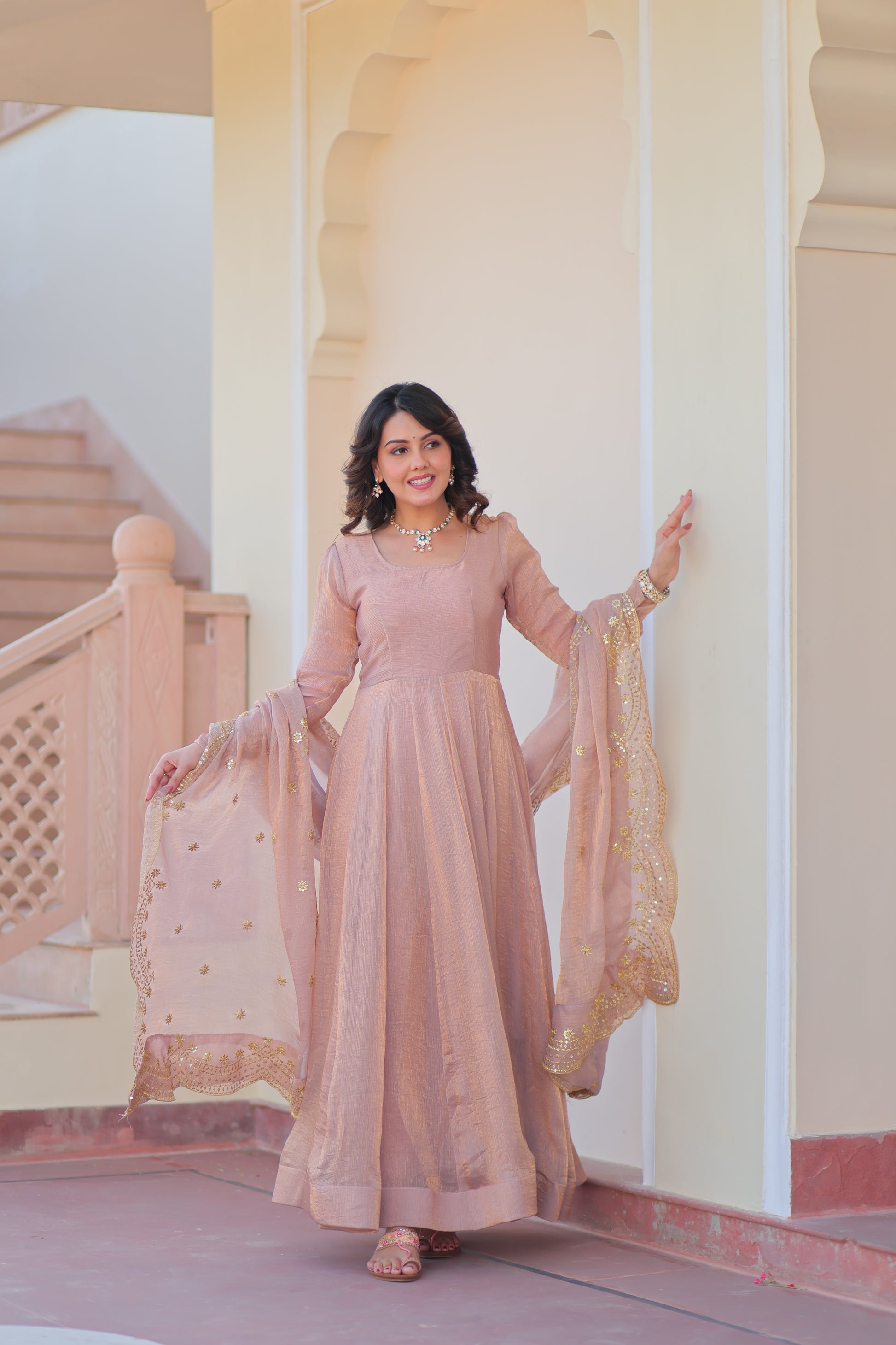 Bhargavi Peach Fendy Chiffon Embroidered Gown