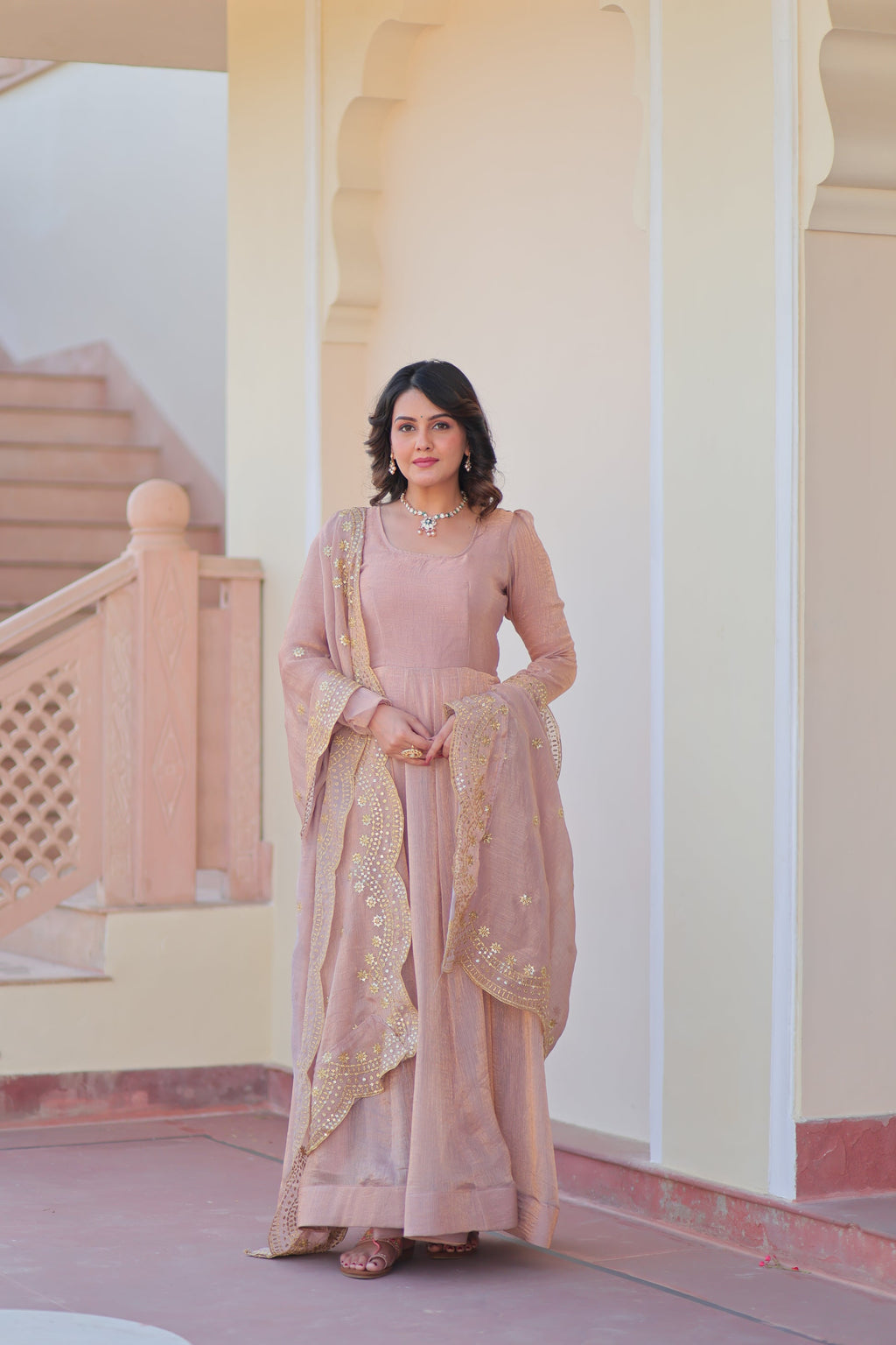 Bhargavi Peach Fendy Chiffon Embroidered Gown
