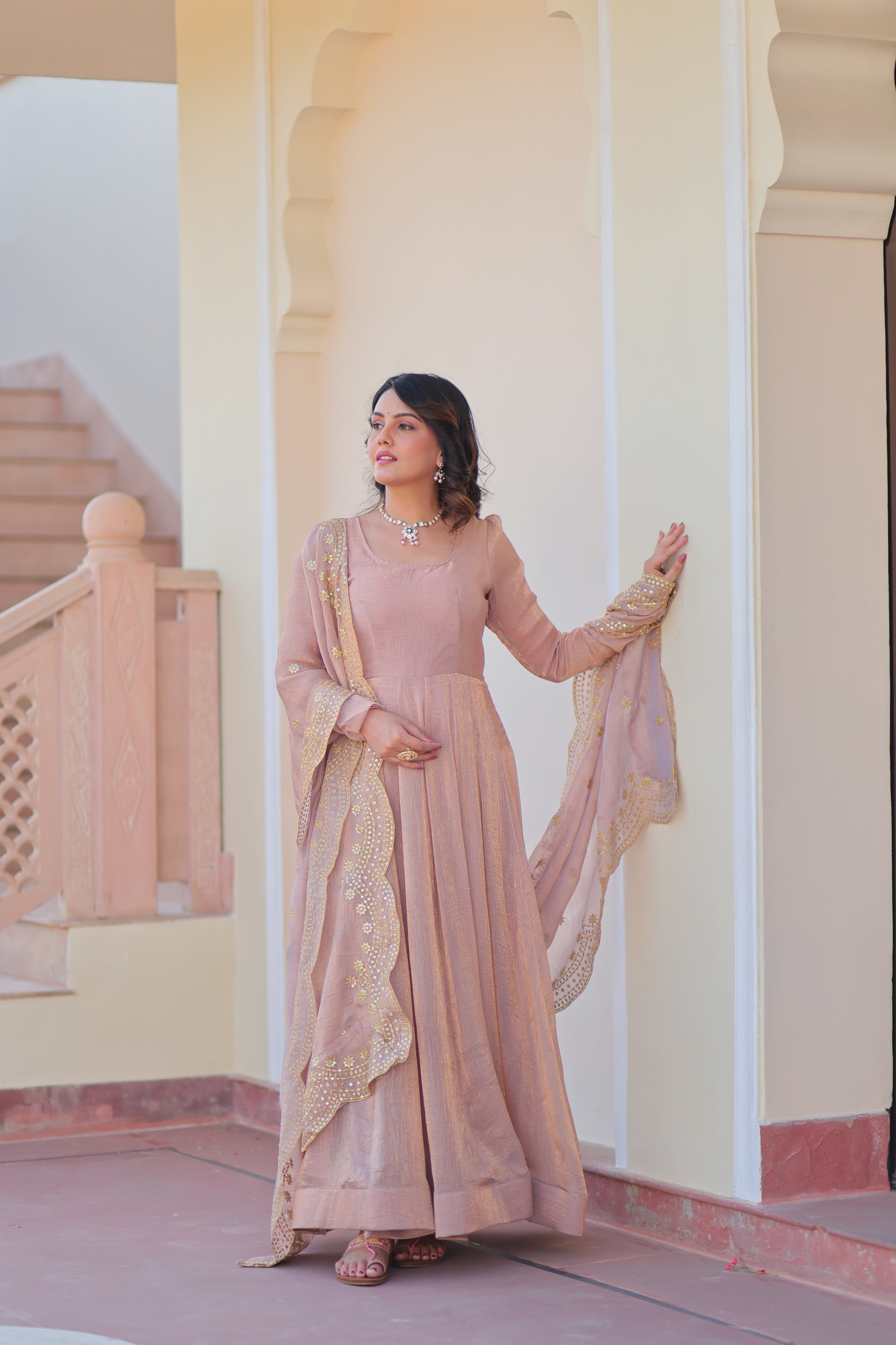 Bhargavi Peach Fendy Chiffon Embroidered Gown