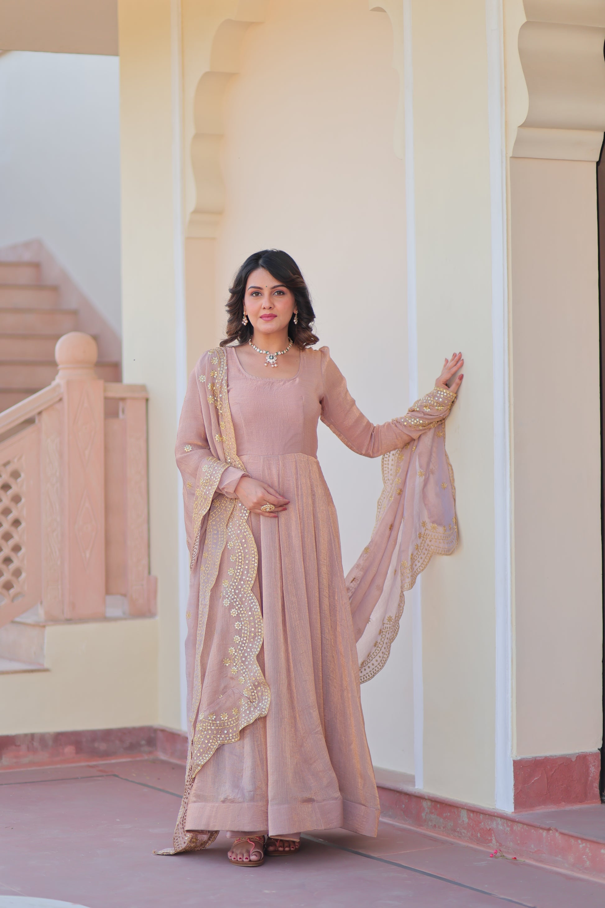 Bhargavi Peach Fendy Chiffon Embroidered Gown