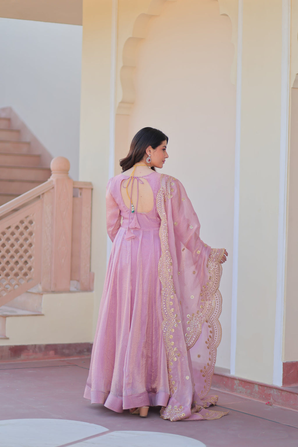 Bhargavi Pink Gown Set – Fendy chiffon gown with 12 kali stitching, full sleeves, and 3.5 meter flair; paired with a sequins and zari embroidered cut-work chiffon dupatta – ideal for weddings, sangeet, and festive occasions.