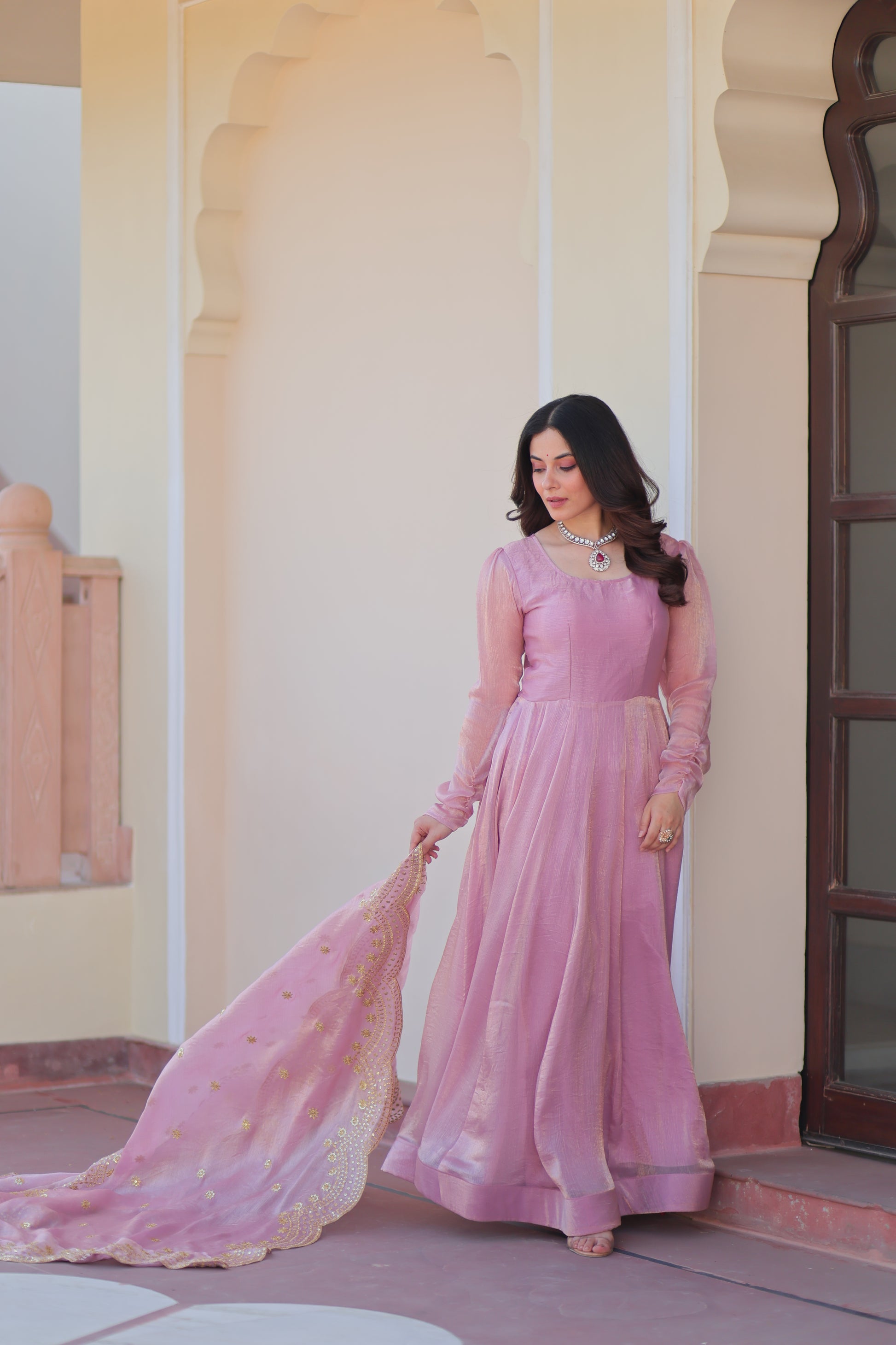 Bhargavi Pink Fendy Chiffon Embroidered Gown