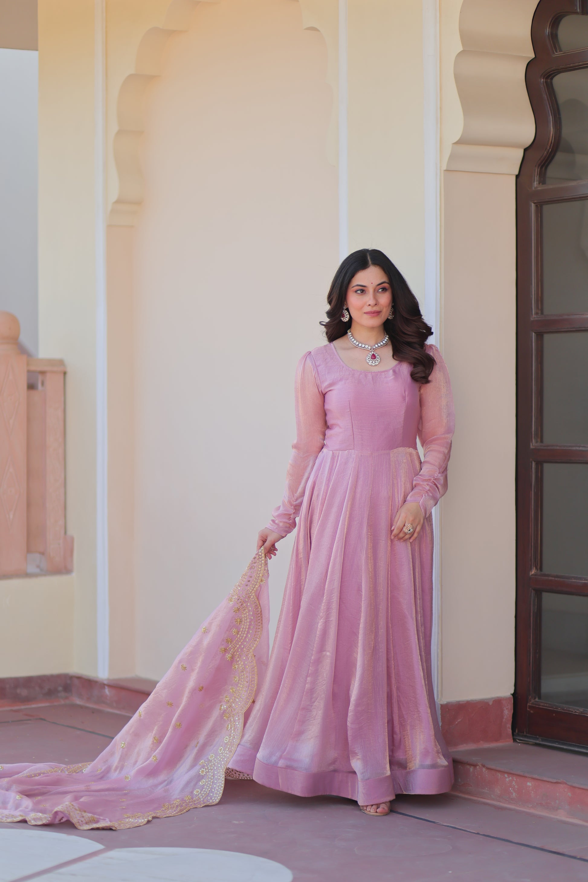 Bhargavi Pink Fendy Chiffon Embroidered Gown