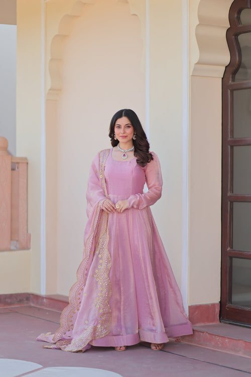 Bhargavi Pink Gown Set – Fendy chiffon gown with 12 kali stitching, full sleeves, and 3.5 meter flair; paired with a sequins and zari embroidered cut-work chiffon dupatta – ideal for weddings, sangeet, and festive occasions.