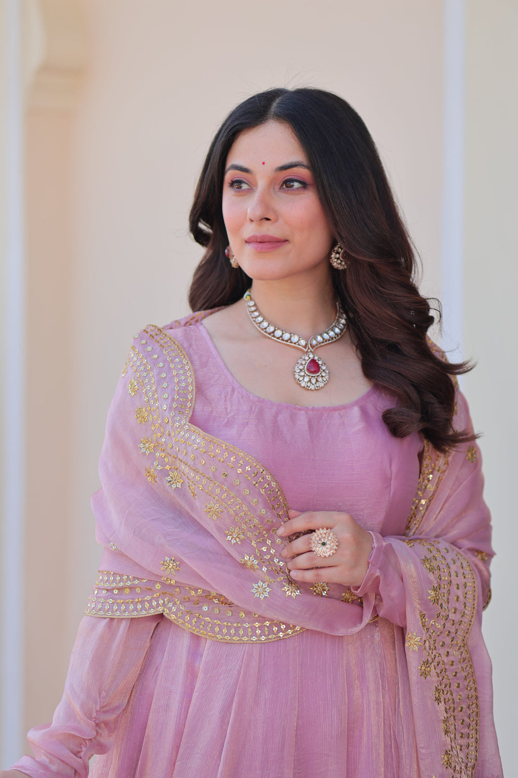 Bhargavi Pink Gown Set – Fendy chiffon gown with 12 kali stitching, full sleeves, and 3.5 meter flair; paired with a sequins and zari embroidered cut-work chiffon dupatta – ideal for weddings, sangeet, and festive occasions.