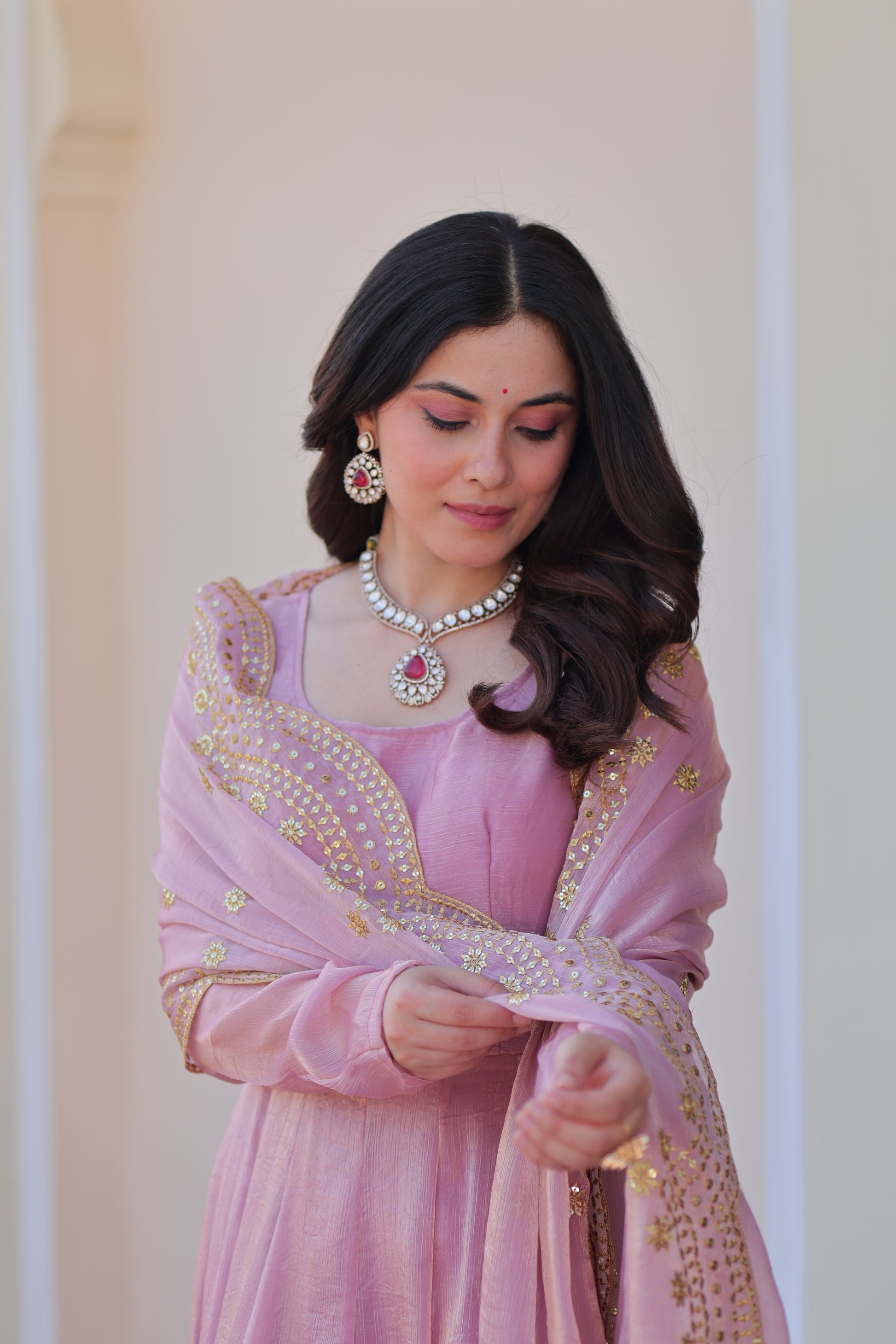 Bhargavi Pink Gown Set – Fendy chiffon gown with 12 kali stitching, full sleeves, and 3.5 meter flair; paired with a sequins and zari embroidered cut-work chiffon dupatta – ideal for weddings, sangeet, and festive occasions.