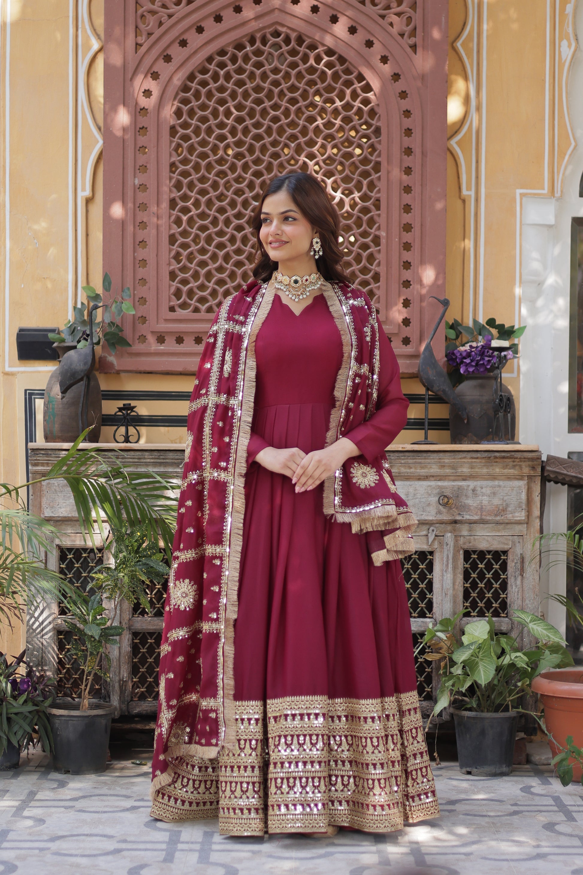 Bhashvika Maroon Georgette Embroidered Anarkali Gown Set