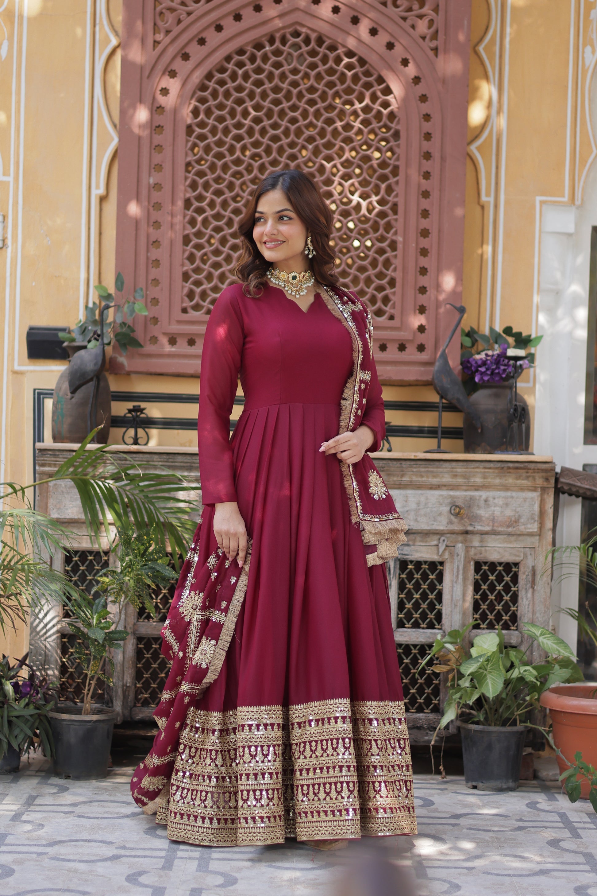 Bhashvika Maroon Georgette Embroidered Anarkali Gown Set