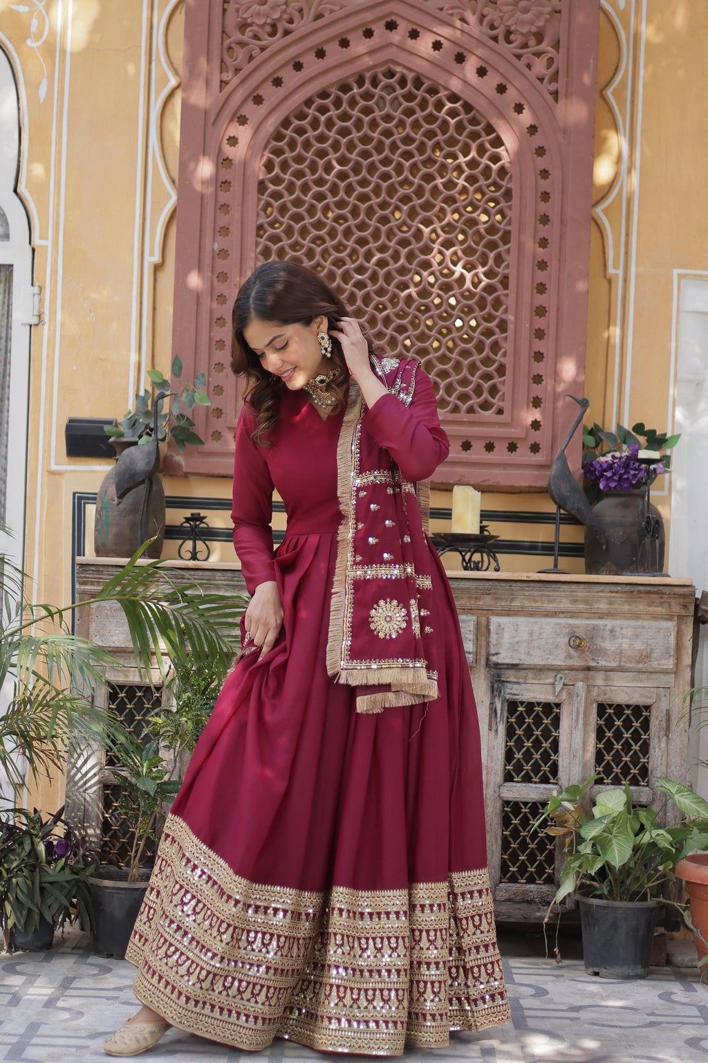 Bhashvika Maroon Georgette Embroidered Anarkali Gown Set
