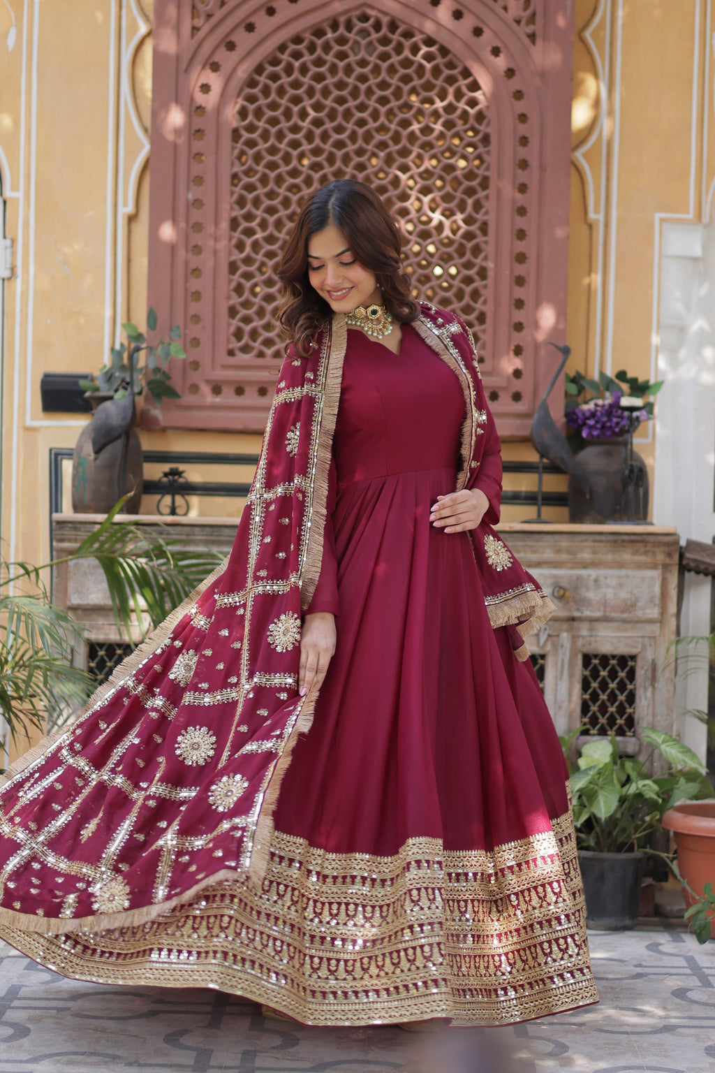Bhashvika Maroon Georgette Embroidered Anarkali Gown Set