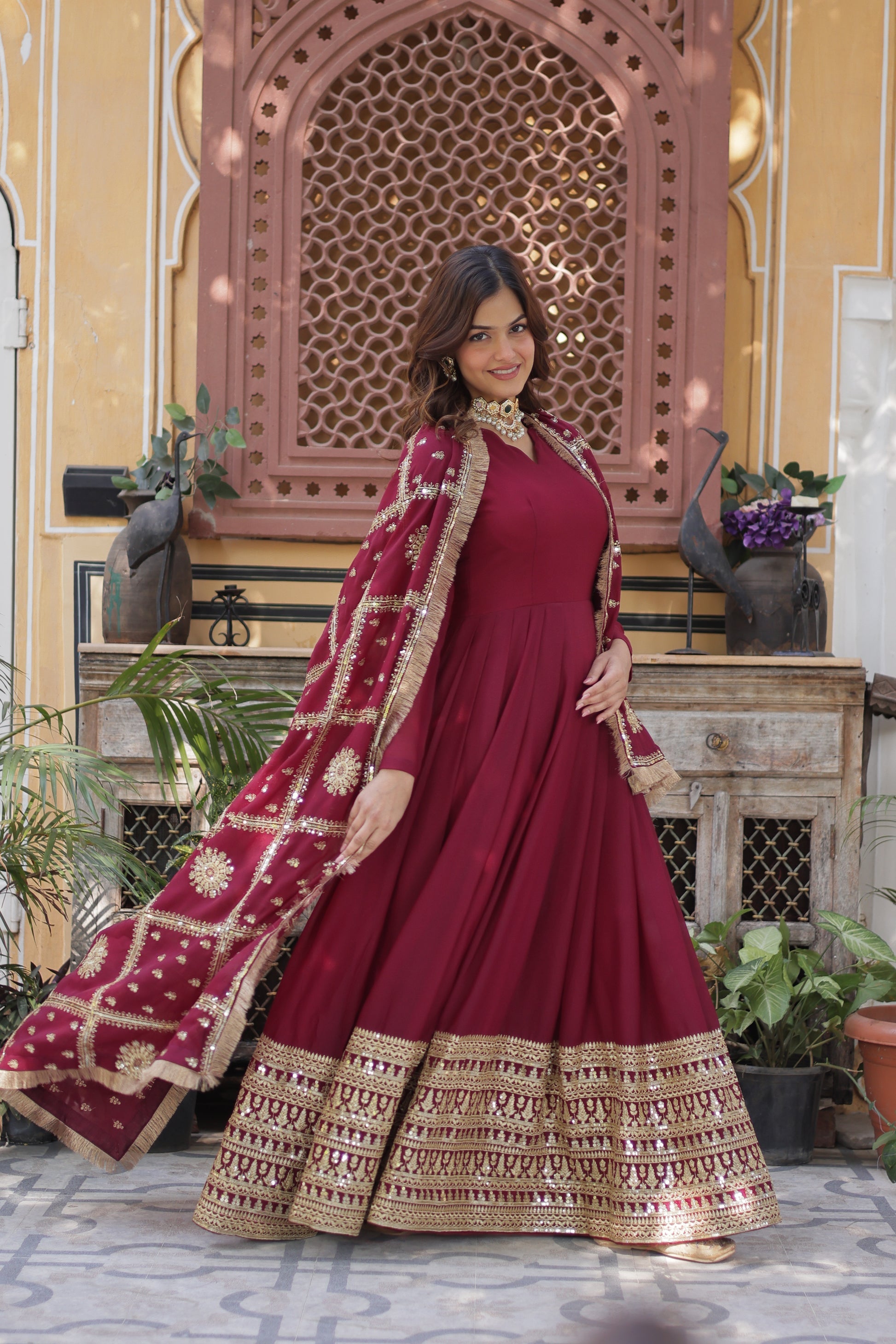 Bhashvika Maroon Georgette Embroidered Anarkali Gown Set