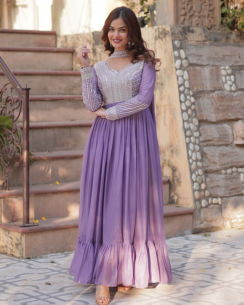 Bhavya Lavender Star Georgette Embroidered Gown Set