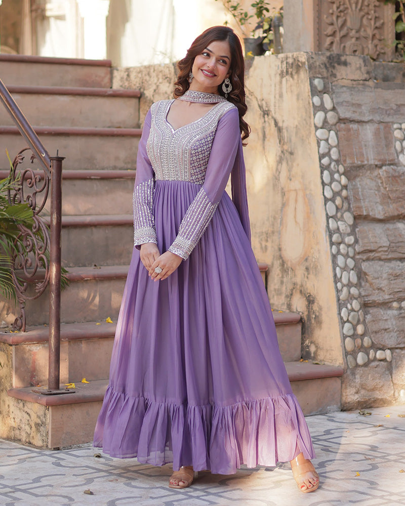 Bhavya Lavender Star Georgette Embroidered Gown Set