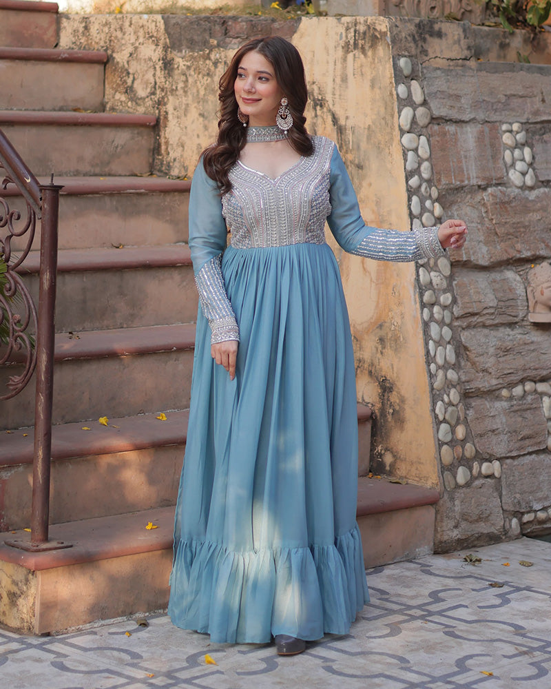 Bhavya Sky Blue Star Georgette Embroidered Gown Set