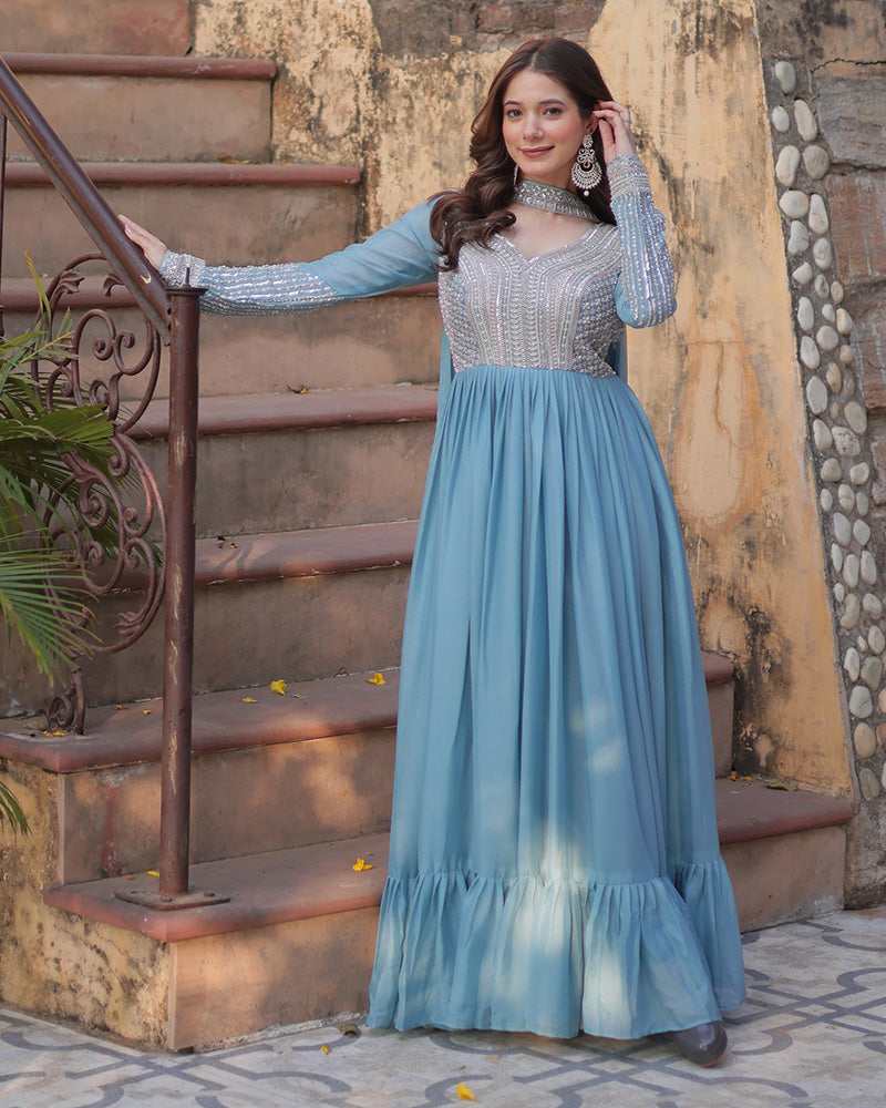Bhavya Sky Blue Star Georgette Embroidered Gown Set