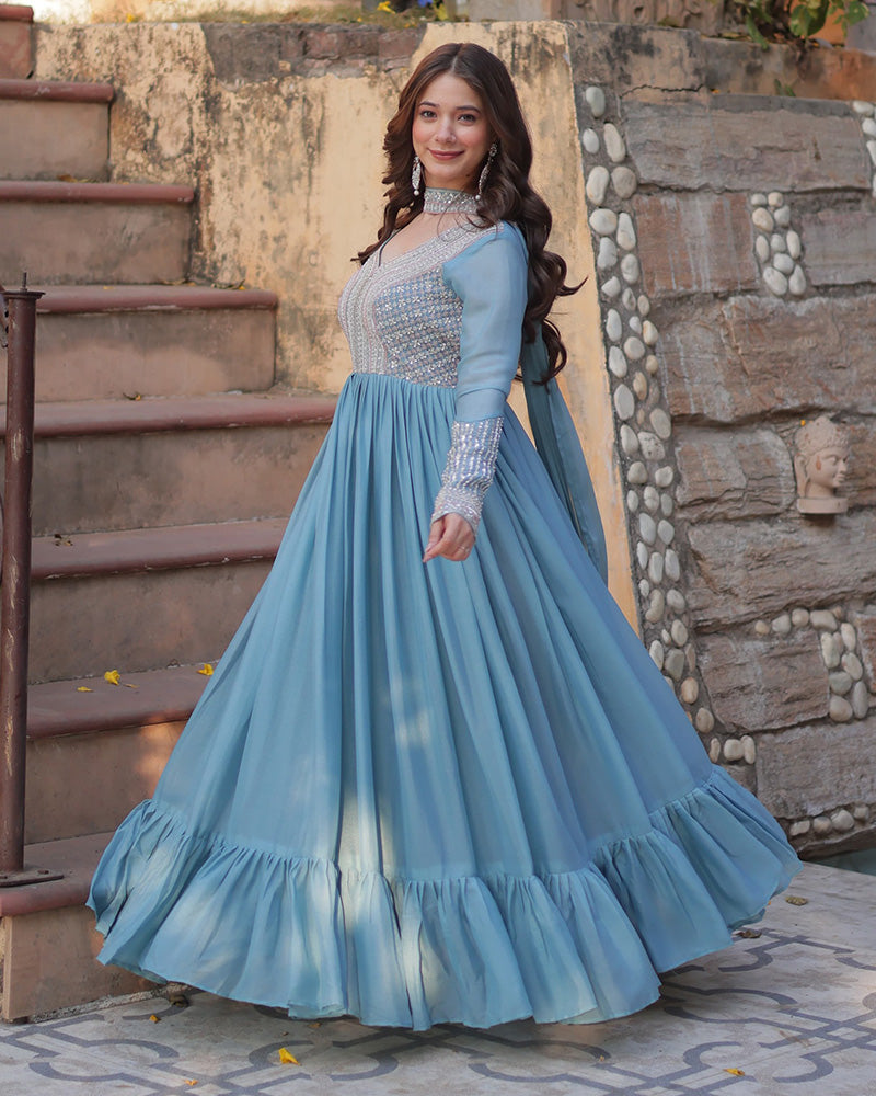 Bhavya Sky Blue Star Georgette Embroidered Gown Set