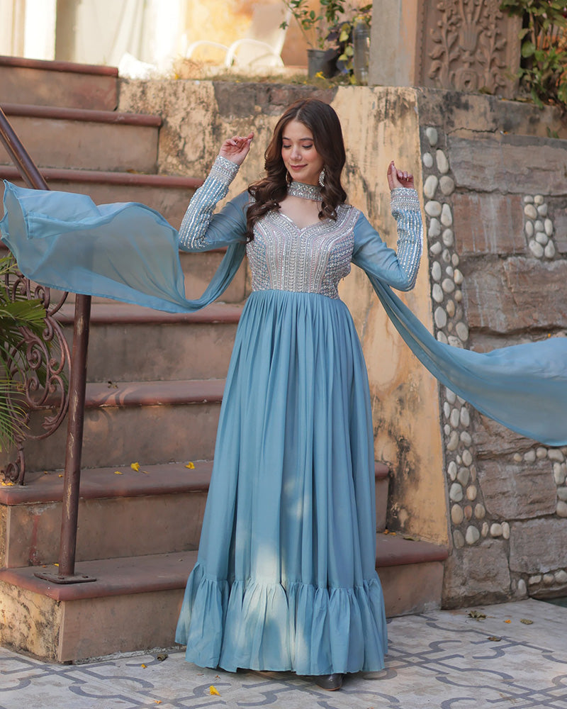 Bhavya Sky Blue Star Georgette Embroidered Gown Set